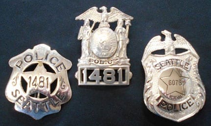 Badge display at the International Police Museum, Rockaway Beach, Oregon