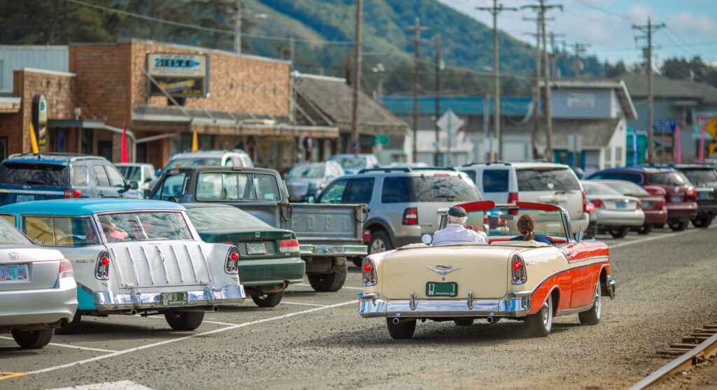 Classic car on the street in downtown Rockaway Beach.